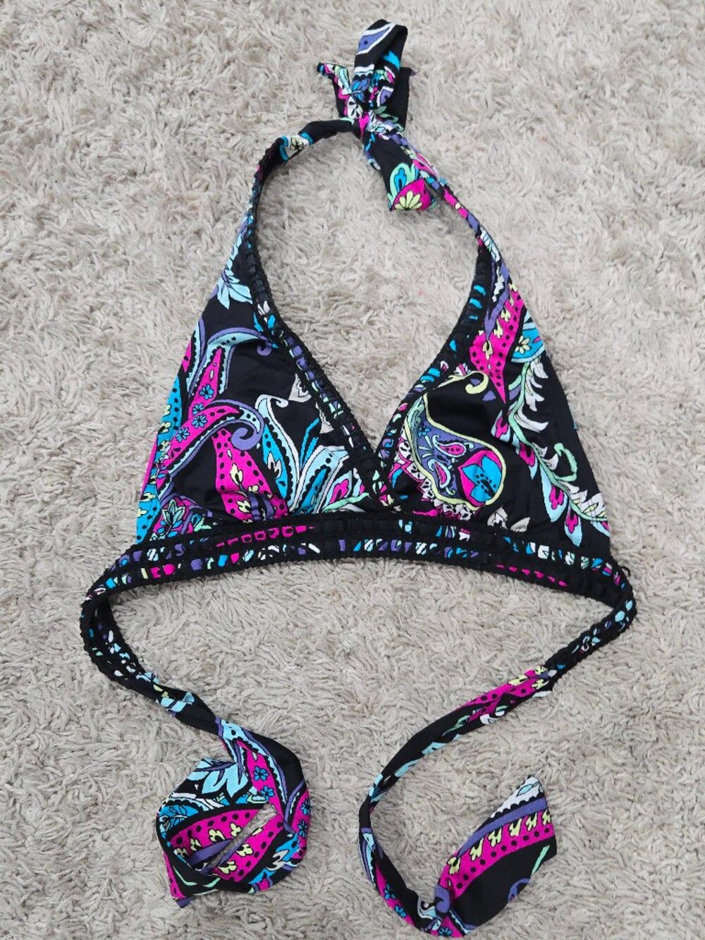 👙 Apt. 9 Black Neon Paisley Crochet Boho Print Triangle Bikini Top (Size M)👙